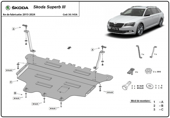 Acél motor, sebességváltó, hűtő, első lökhárító védőlemez Skoda Superb