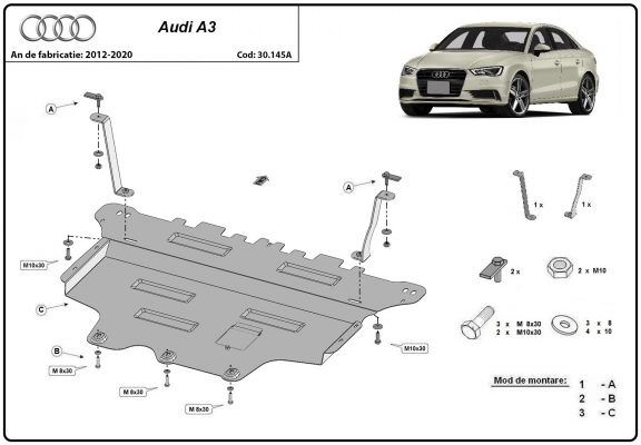 Acél motor, sebességváltó, hűtő, első lökhárító védőlemez Audi A3