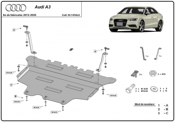 Alumínium motor, sebességváltó, hűtő, első lökhárító védőlemez Audi A3