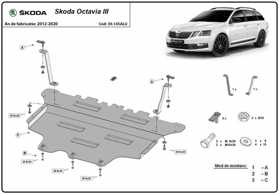 Alumínium motor, kapcsolószekrény védőlemez Skoda Octavia 3
