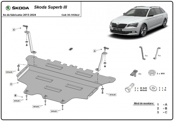 Alumínium motor-, sebességváltó-, hűtő-, első lökhárító védőlemez Skoda Superb III
