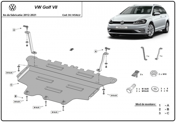 Alumínium motor-, sebességváltó-, hűtő- és első lökhárító védőlemez VW Golf 7