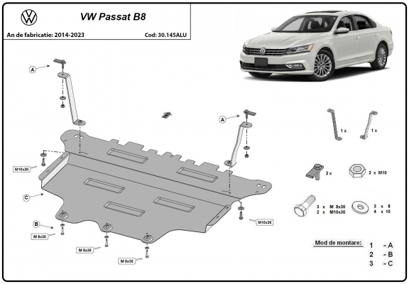 Alumínium motor-, sebességváltó-, hűtő- és első lökhárító védőlemez VW Passat B8