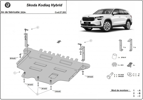 Acél motor, sebességváltó, hűtő, első lökhárító védőlemez Skoda Kodiaq Hybrid
