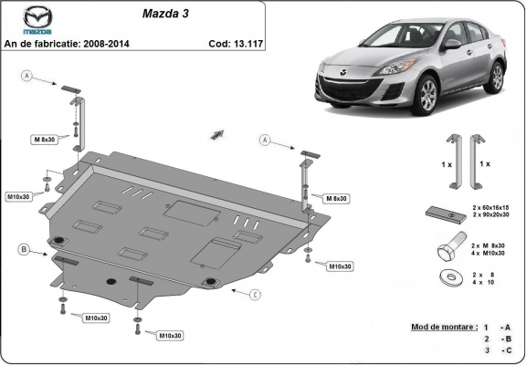 Acél motor, kapcsolószekrény, hűtő védőlemez Mazda 3