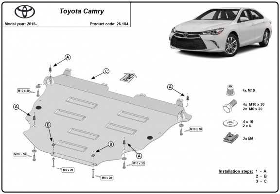 Acél motor, sebességváltó, hűtő, első lökhárító védőlemez Toyota Camry